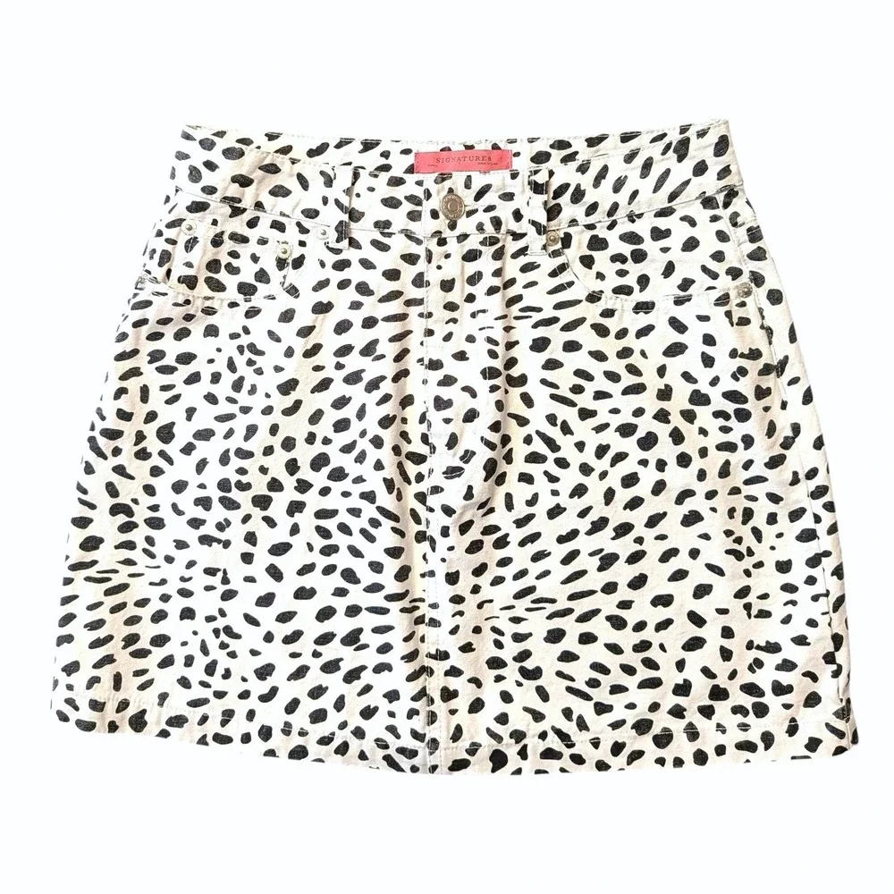 Signature8 Black White Animal Print Denim Mini Skirt Y2K Dalmation 100% Cotton S